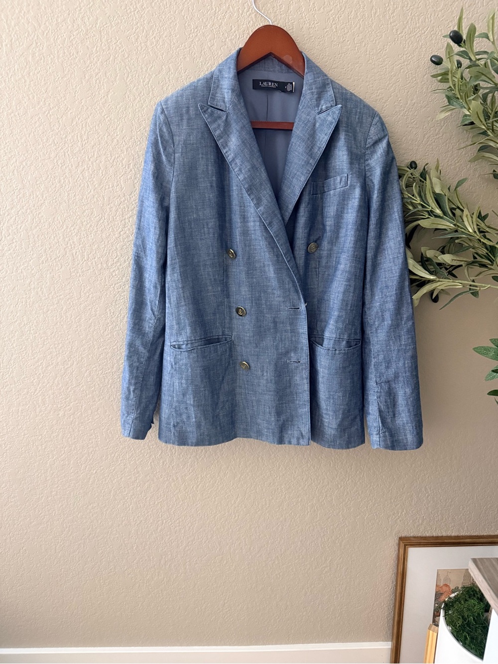 Lauren Ralph Lauren Blue Chambray Double Breasted Cotton Blazer Size 8